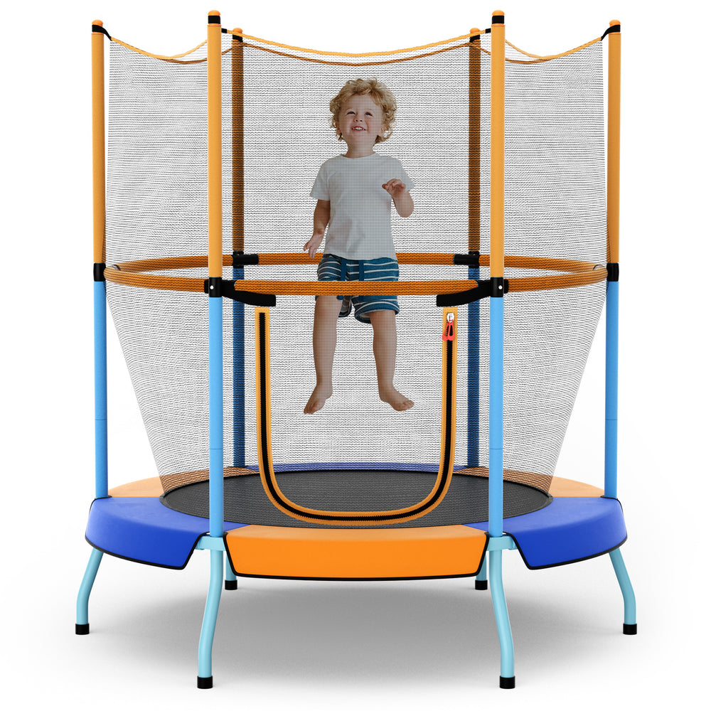 Toddler trampoline with safety enclosure net in orange, featuring sturdy metal legs and child-friendly bungees for safe.