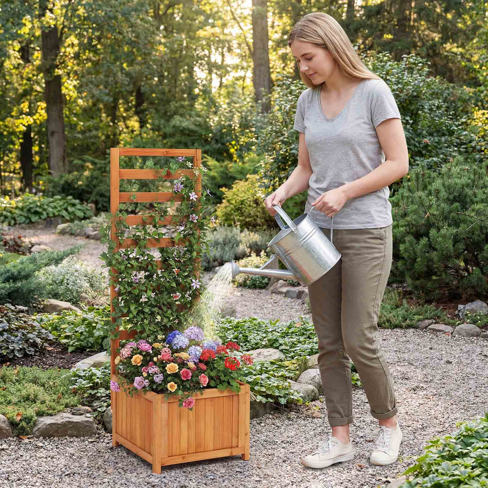 Wood raised garden bed with trellis, featuring drainage holes, ideal for outdoor planting and decoration.