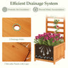 Wood raised garden bed with trellis, featuring drainage holes and movable panels for efficient water management.