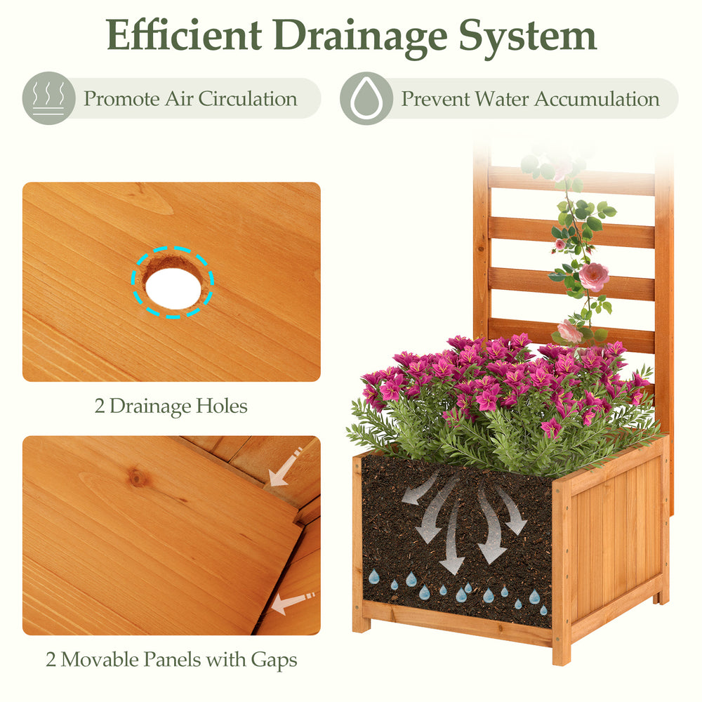 Wood raised garden bed with trellis, featuring drainage holes and movable panels for efficient water management.