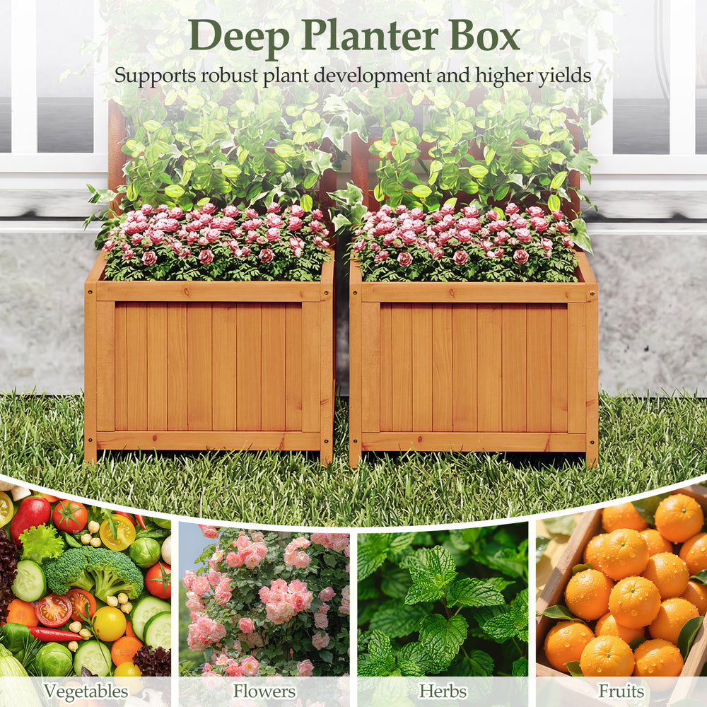 Deep planter box made of natural fir wood with trellis, ideal for robust plant growth in outdoor spaces.