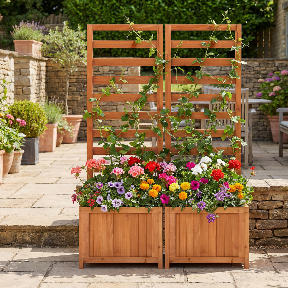 Wood raised garden bed with trellis, featuring vibrant flowers, ideal for patios or balconies, made from natural fir.