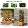 Wood raised garden bed with trellis, featuring drainage holes, ideal for climbing plants and as a privacy screen.