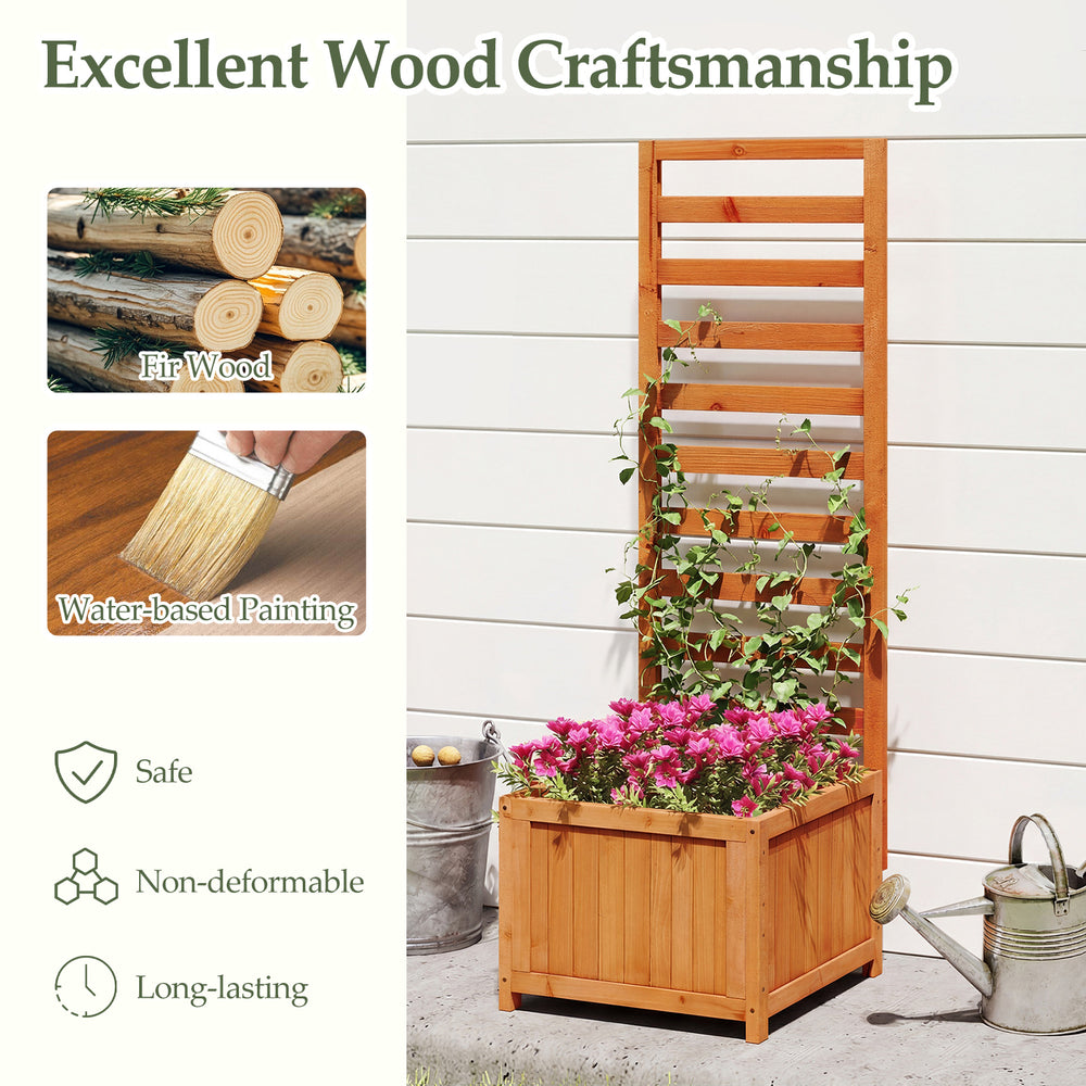 Wood raised garden bed with trellis, made of fir wood, features drainage holes for robust plant growth in outdoor.