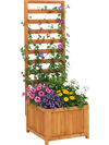 Wood raised garden bed with trellis, featuring vibrant flowers and drainage holes, ideal for patios or balconies.