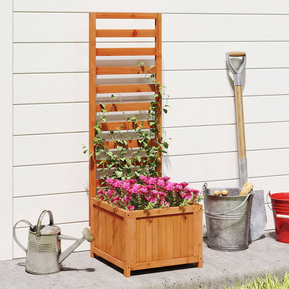 Wood raised garden bed with trellis for plants, featuring drainage holes, perfect for patios or balconies.