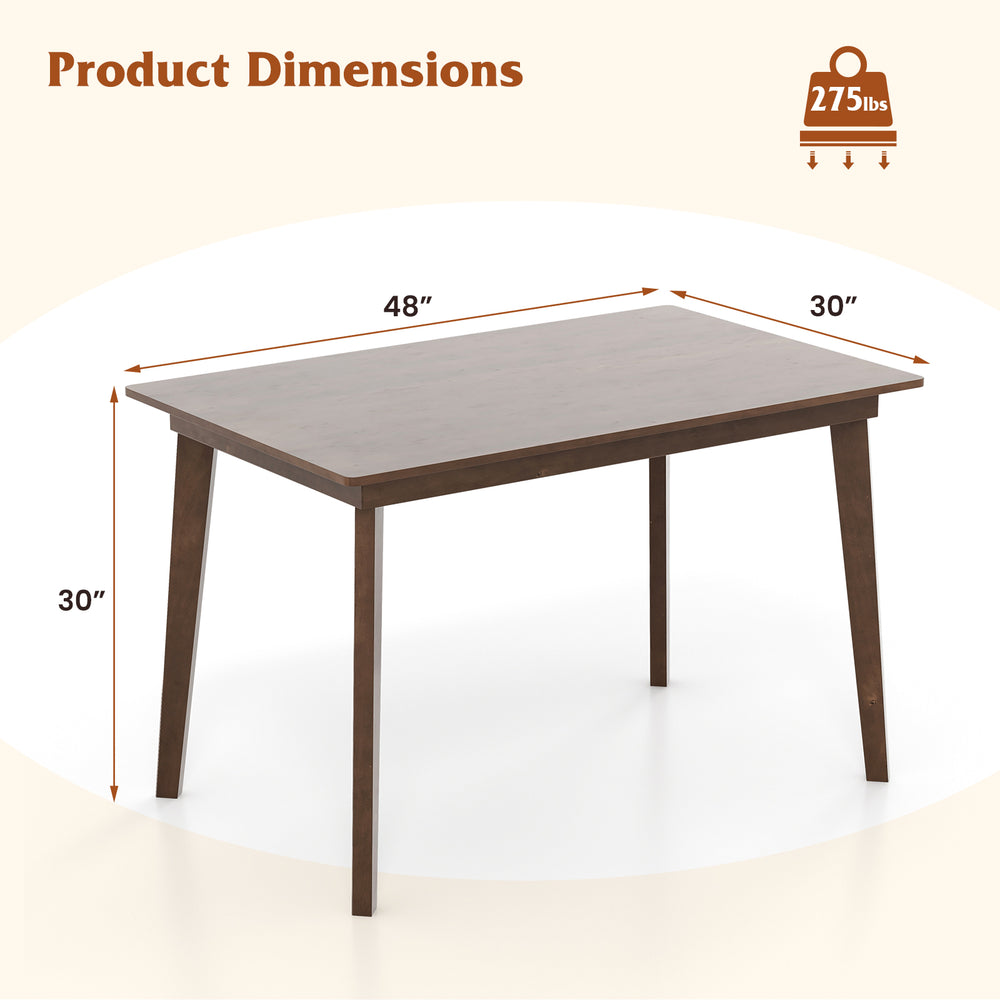 48-inch wooden dining table with rubber wood legs, featuring a smooth brown finish, ideal for small spaces and dining.