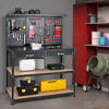 48-inch black workbench with pegboard, two drawers, and open shelves for organized tool storage in a workshop.