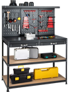 48-inch black workbench with pegboard, drawers, and shelves for organized tool storage in garage or workshop.