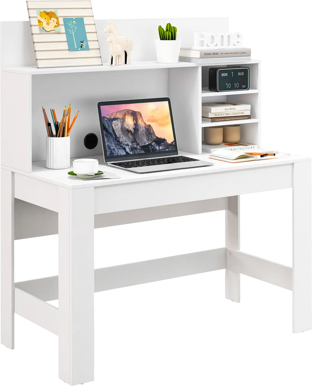 48-inch white writing computer desk with multi-layered shelf, cable management hole, and anti-tipping kits for.