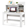 48-inch white writing computer desk featuring a spacious surface, anti-tipping kits, and organized shelf for workspace.