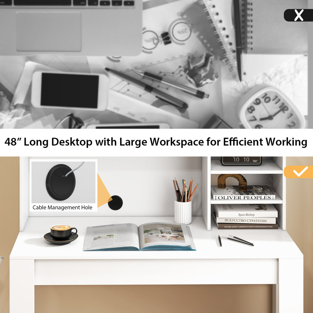 48-inch white writing computer desk featuring a large workspace and cable management hole for organized efficiency.