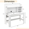 48-inch white writing computer desk with dimensions, featuring cable management hole and multi-layered shelf for.