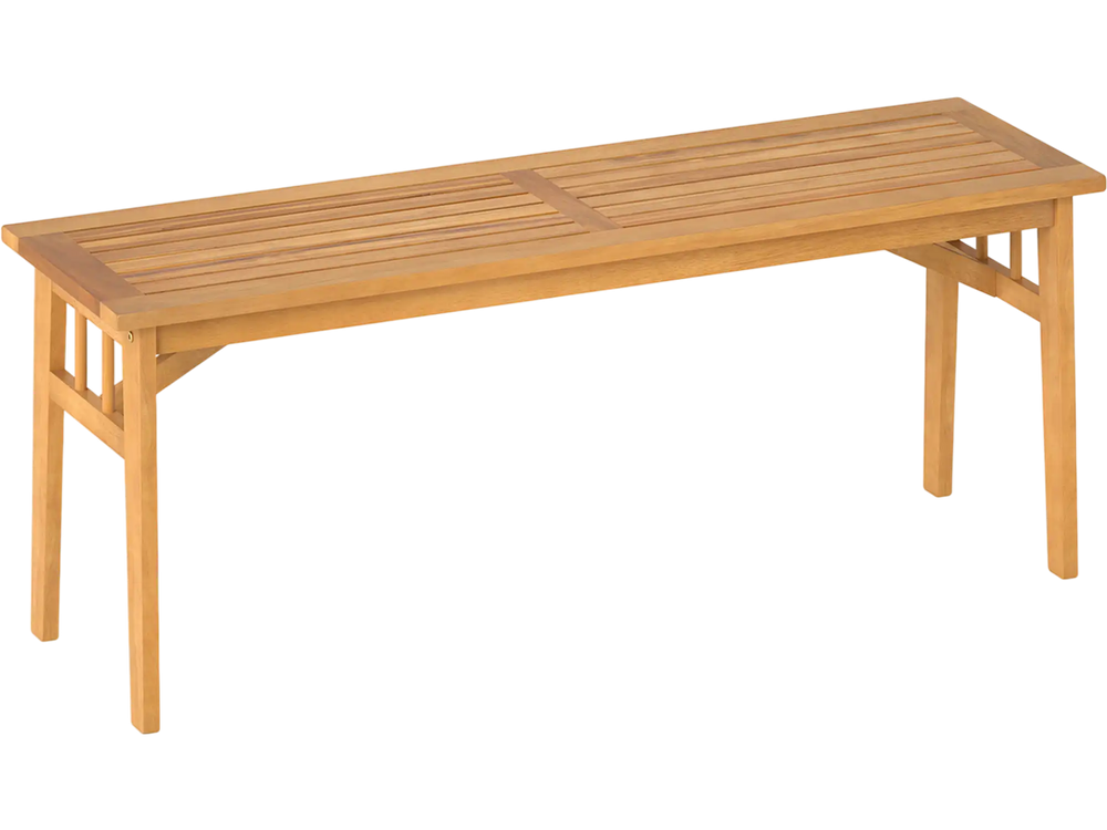 Acacia wood bench with slat seat design, stable triangular structure, ideal for dining or garden use.