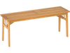 Acacia wood bench with slat seat design, stable triangular structure, ideal for dining or garden use.