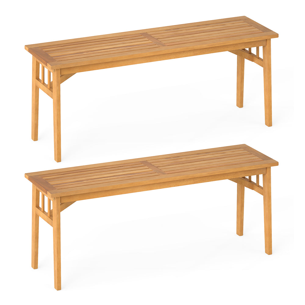 Acacia wood bench with breathable slat seat and stable triangular structure, perfect for dining or garden use.