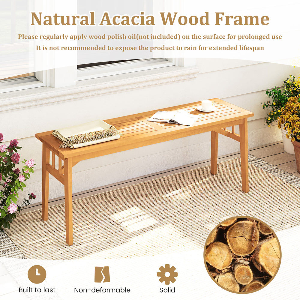 48-inch acacia wood bench with breathable slat seat and stable triangular structure, perfect for garden or patio use.