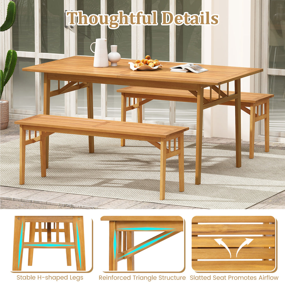 Close-up of the breathable slat seat on a 48-inch acacia wood bench, showcasing its rustic charm and sturdy design.
