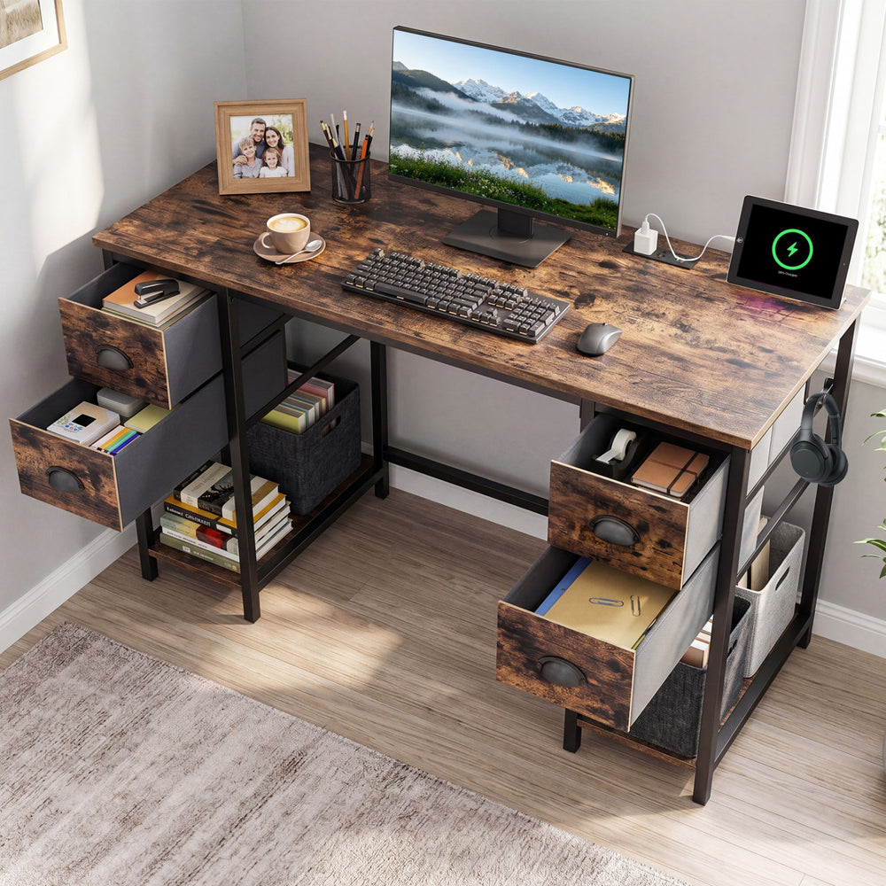 48-inch brown computer desk features a spacious tabletop, 4 fabric drawers, and a built-in power outlet for home office use.