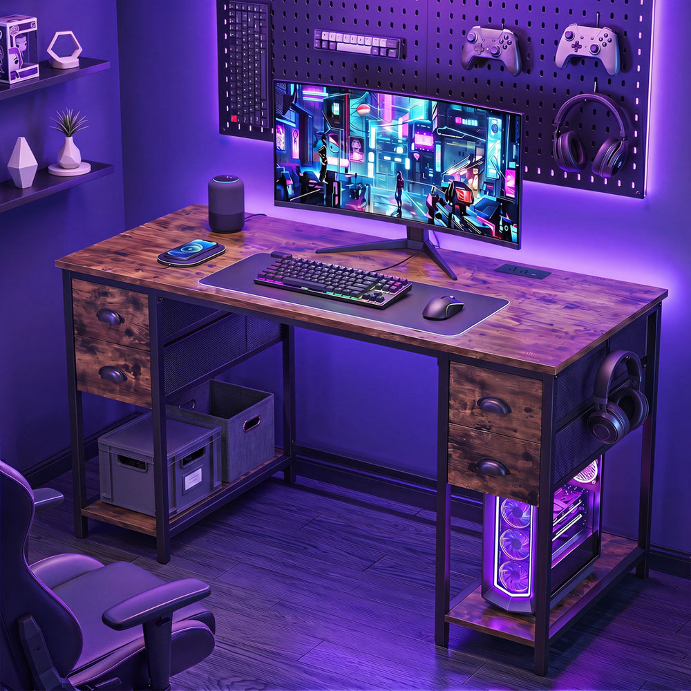 Computer desk with a spacious brown tabletop, built-in power outlet, and four fabric drawers for organized storage.