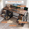 Computer desk with spacious tabletop, 4 fabric drawers, headphone hook, and built-in power outlet for home office use.