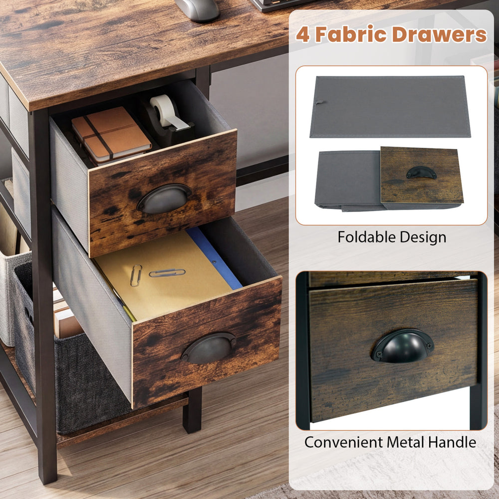 48-inch brown computer desk featuring a spacious tabletop and 4 foldable fabric drawers for organized storage.