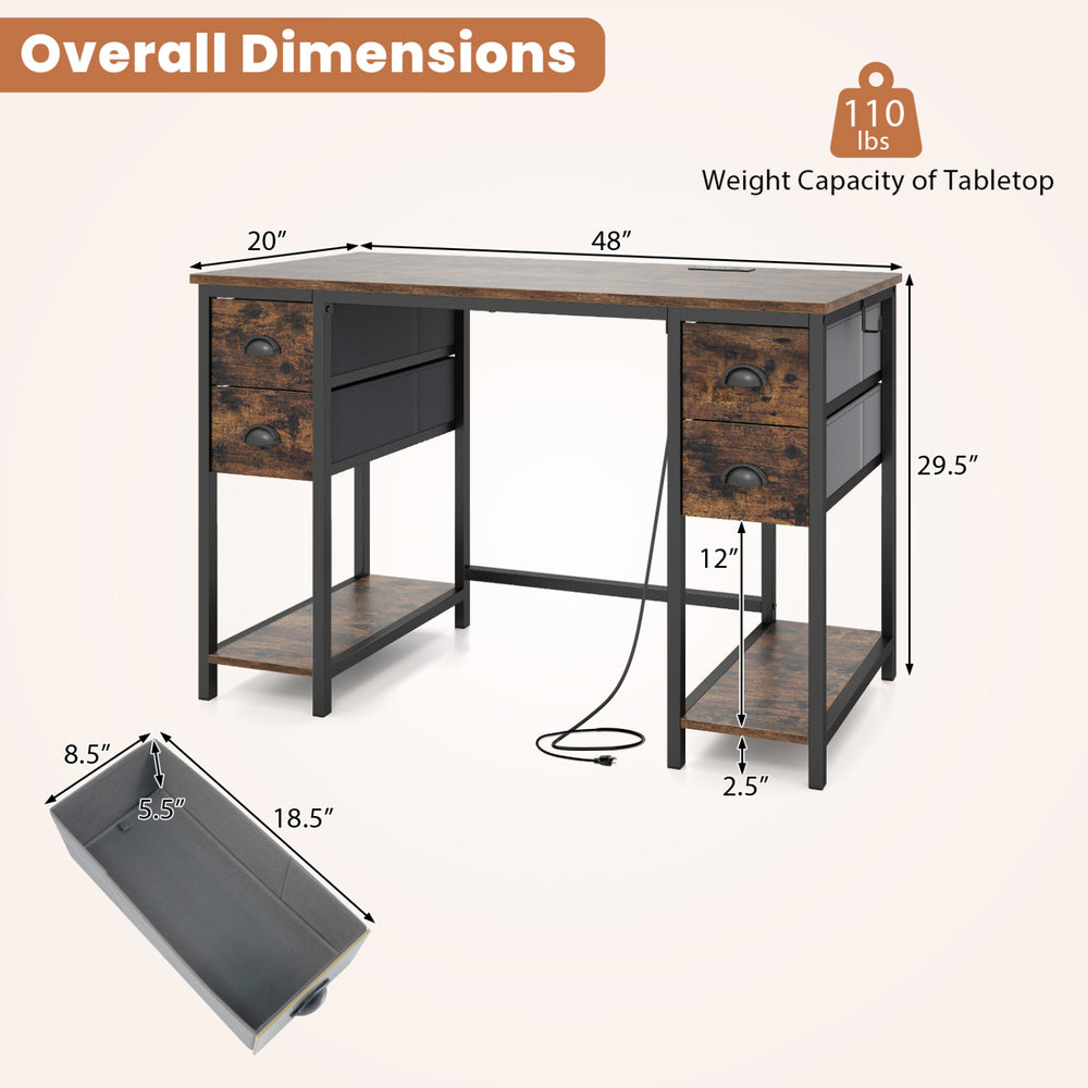 48-inch computer desk with a brown finish, featuring a built-in power outlet and four fabric drawers for organized storage.