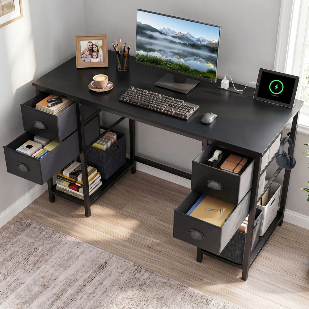 48 Inches Computer Desk with Power Outlet Home Office Desk with 4 Fabric Drawers-Black - Gallery View 1 of 10
