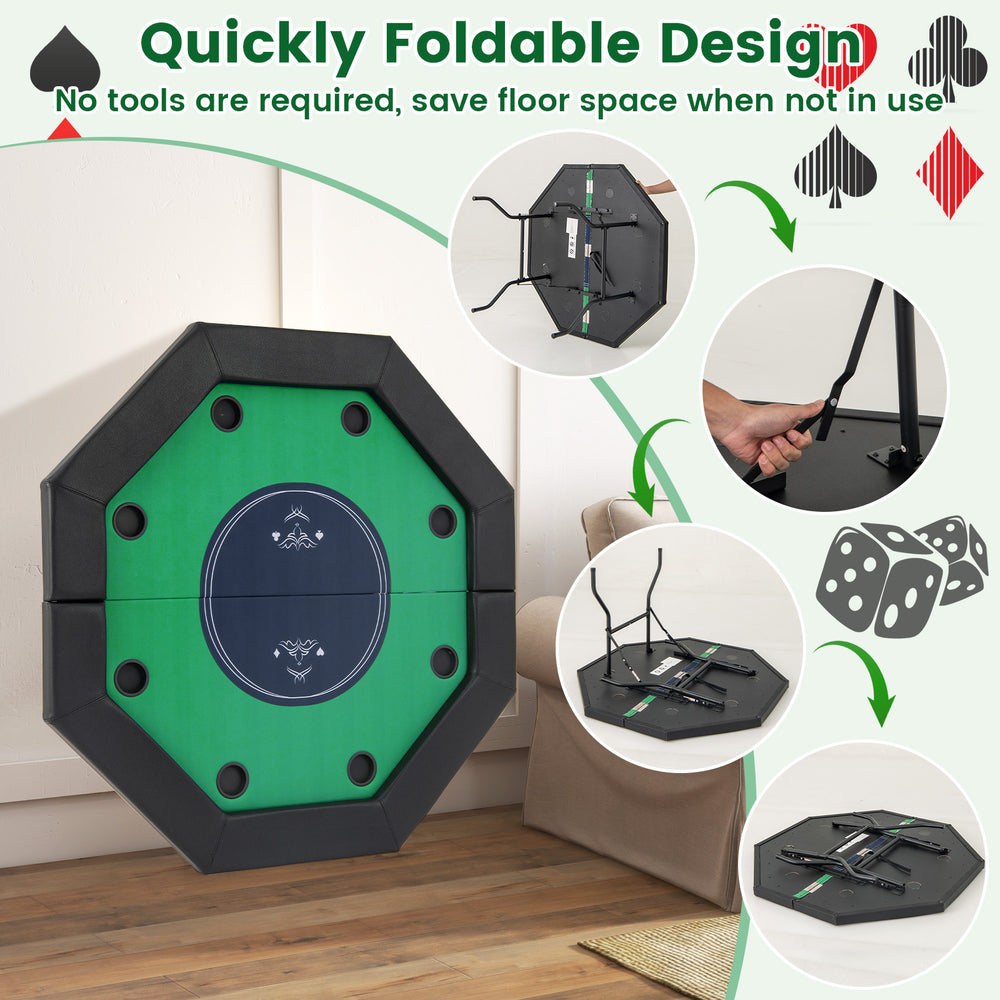 Foldable 48-inch poker table with padded rails and cup holders, perfect for 6-8 players and easy storage.