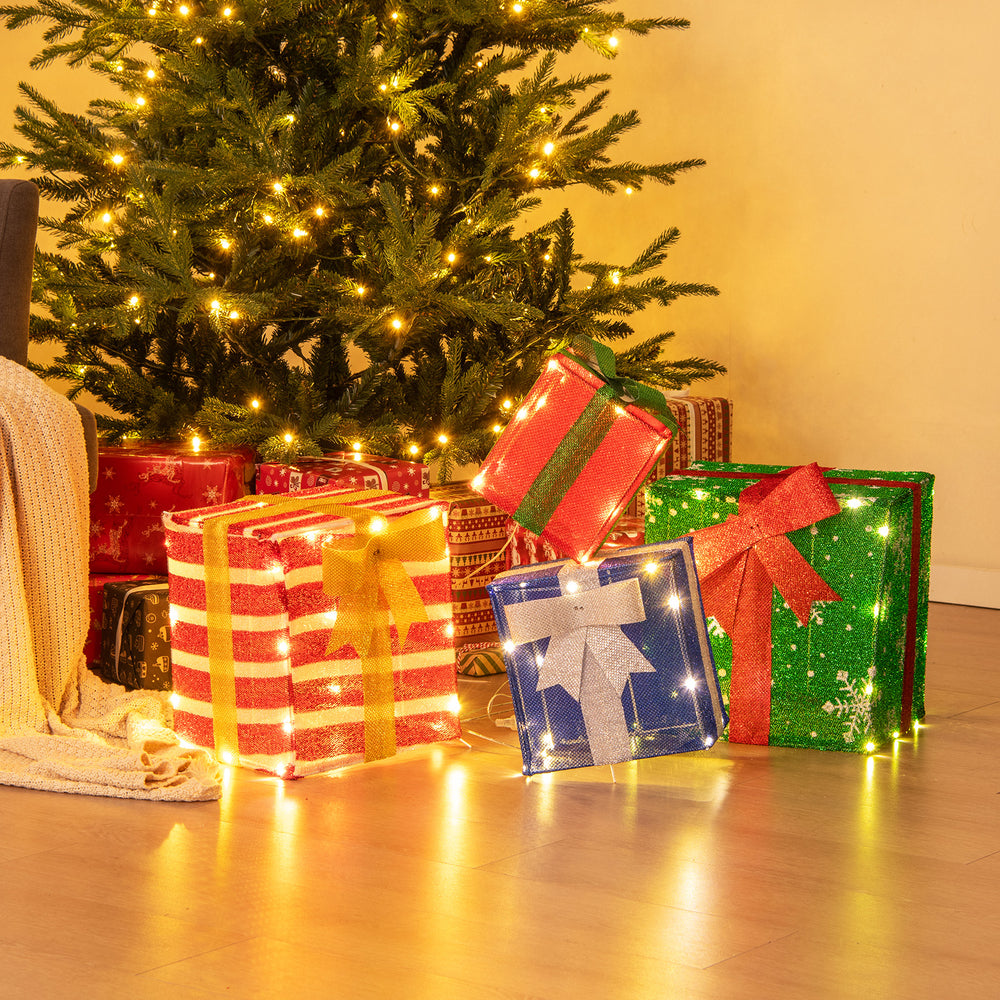 Vibrant stacked gift boxes with built-in LED lights and decorative bows, ideal for adding festive charm to any space.