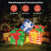 Lighted stacked gift boxes with LED lights, weatherproof construction, and decorative bows for festive indoor or.