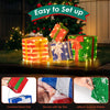 Lighted stacked gift boxes with LED lights, weatherproof design, and decorative bows for festive indoor or outdoor.