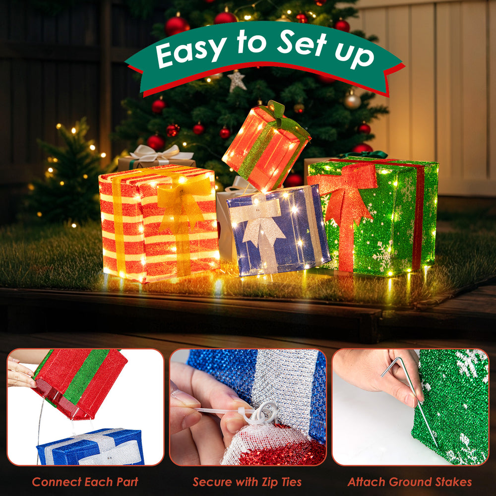 Lighted stacked gift boxes with LED lights, weatherproof design, and decorative bows for festive indoor or outdoor.