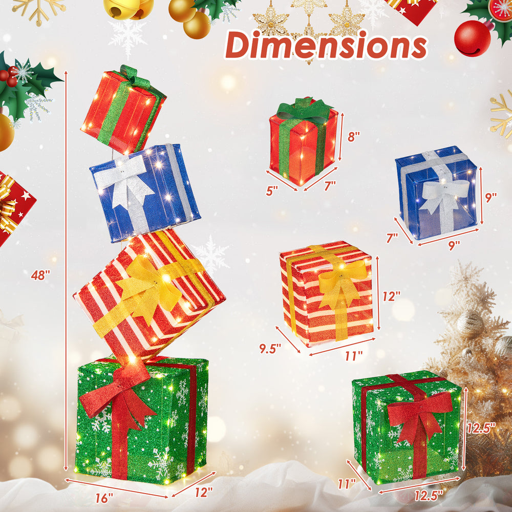 Lighted stacked gift boxes with decorative bows, featuring 83 LED lights, perfect for Christmas indoor or outdoor decor.