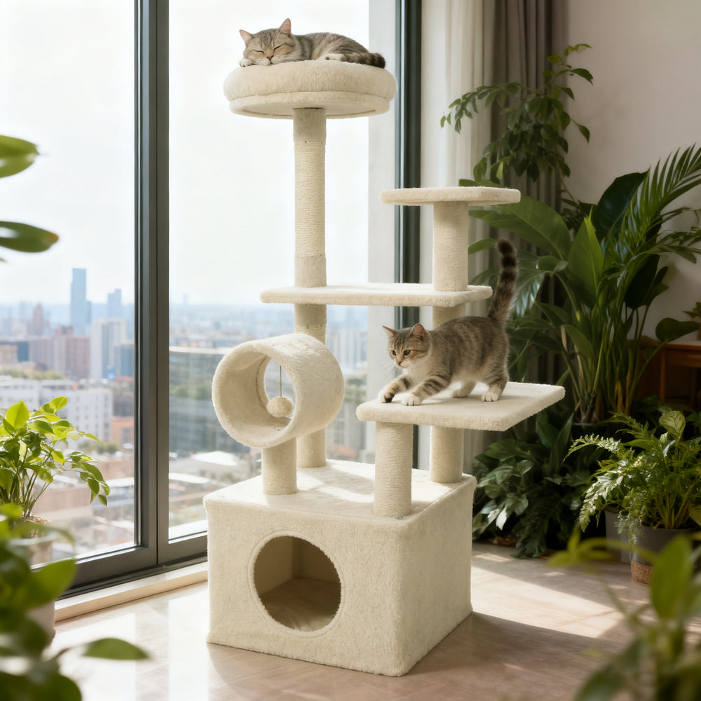 48 Inches Tall Cat Tree Multi-Level Kitten Tower with Large Condo Padded Top Perch-Beige - Gallery View 1 of 10