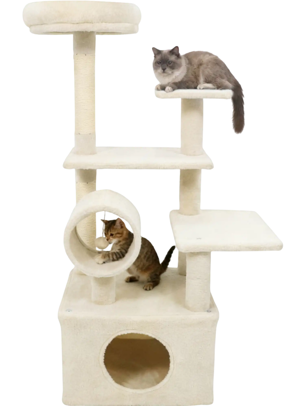 Multi-level beige cat tree with large condo, padded top perch, and scratching posts for playful lounging and resting.
