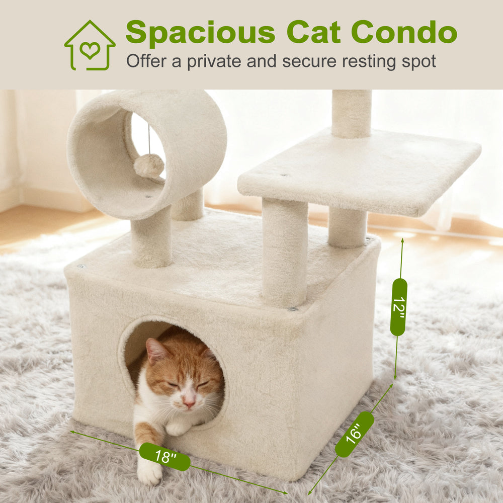 Spacious beige cat condo with a cozy top perch, large hiding spot, and jute scratching posts for playful lounging.