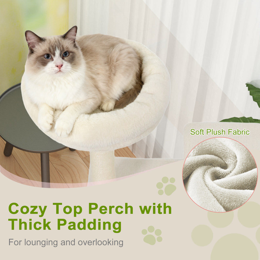 Cozy top perch with thick padding on a 48-inch beige cat tree, perfect for lounging and overseeing the surroundings.