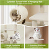 Multi-level cat tree with a beige padded top perch, cylinder tunnel, and two large platforms for lounging and play.