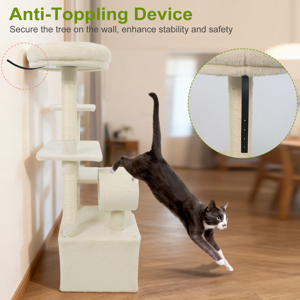 Multi-level beige cat tree with large condo, padded top perch, and anti-toppling device for stability and safety.