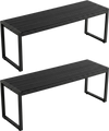 Set of 2 slatted outdoor benches in sea-black, made of wood-plastic composite and metal frame for versatile seating.