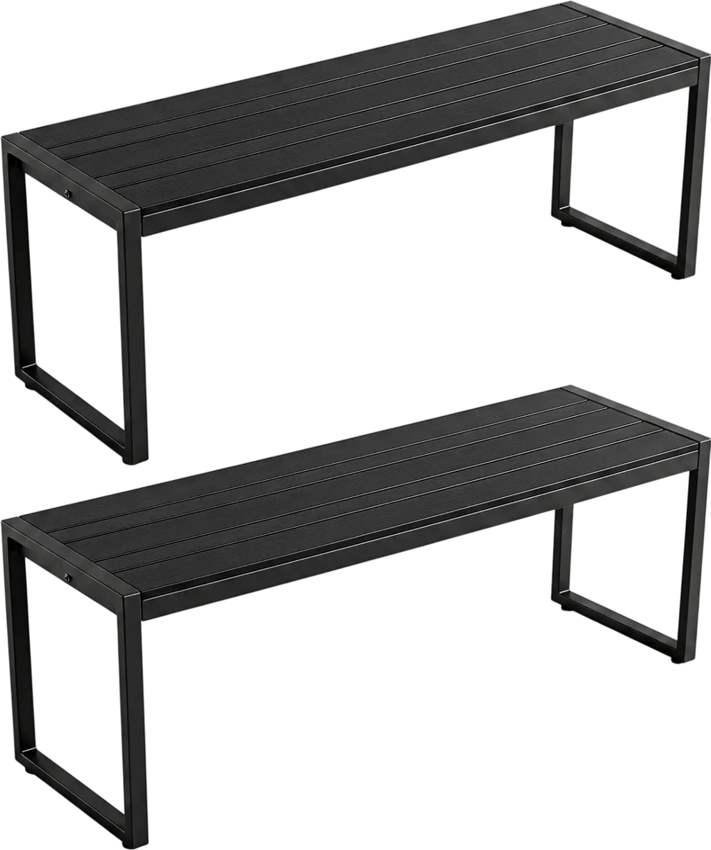 Set of 2 slatted outdoor benches in sea-black, made of wood-plastic composite and metal frame for versatile seating.