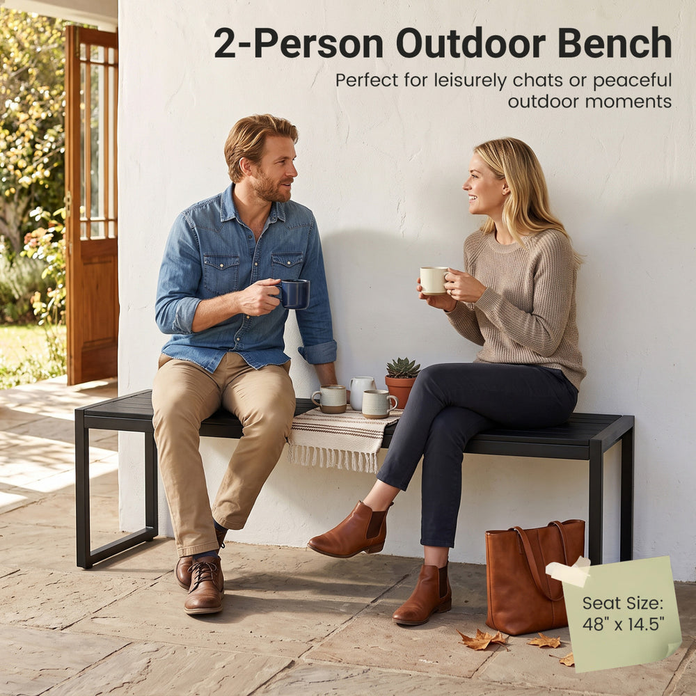 Two-person outdoor bench made of wood-plastic composite and metal, perfect for relaxing chats on patios or porches.