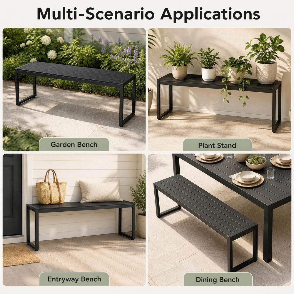 Slatted sea-black outdoor bench set of 2, made of wood-plastic composite and metal, ideal for gardens or patios.