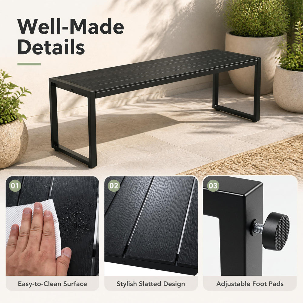 Stylish 48" outdoor bench set of 2 in slatted sea-black, made of wood-plastic composite and metal frame for durability.