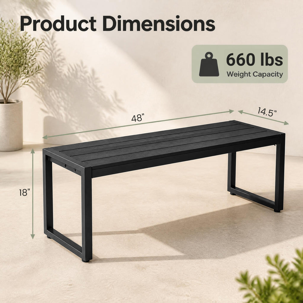Slatted 48" outdoor bench in sea-black with a wood-plastic composite and metal frame, supporting up to 660 lbs.