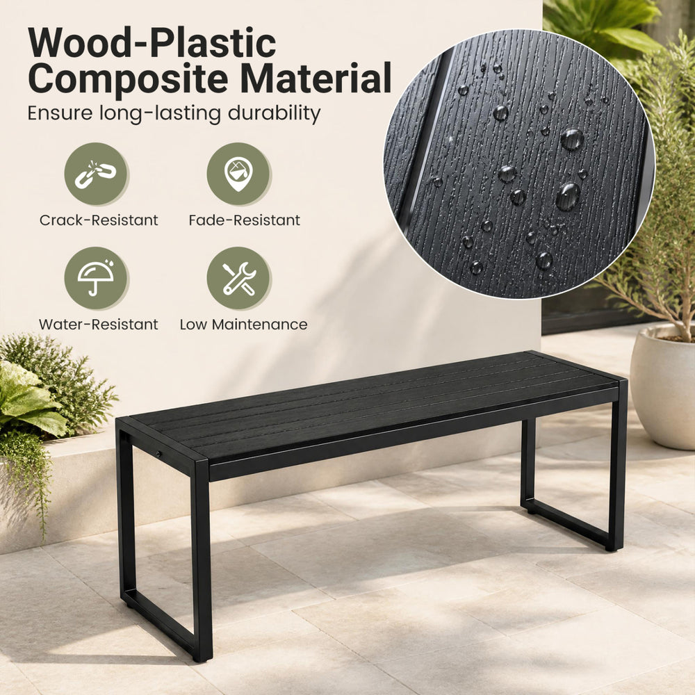 Black 48" outdoor bench with wood-plastic composite and metal frame, perfect for gardens and patios, offers durable seating.