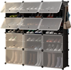 12-cube portable shoe shelves in black, storing 48 pairs with hooks for accessories, ideal for entryway or hallway use.