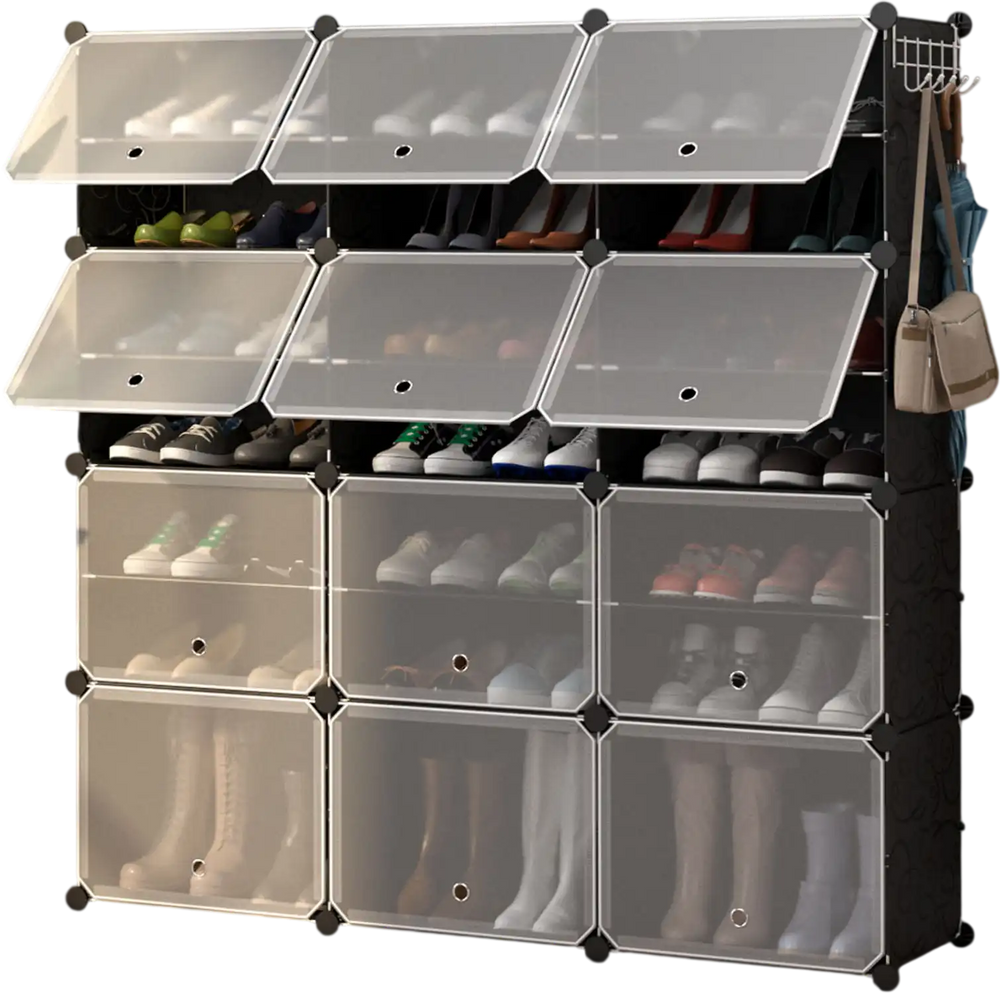 12-cube portable shoe shelves in black, storing 48 pairs with hooks for accessories, ideal for entryway or hallway use.