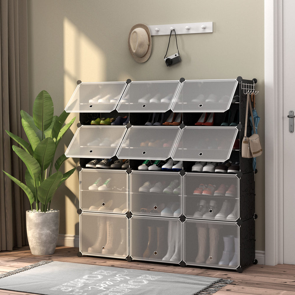 12-Cube 48 Pairs Portable Shoe Shelves with Hook-Black - Gallery View 1 of 11